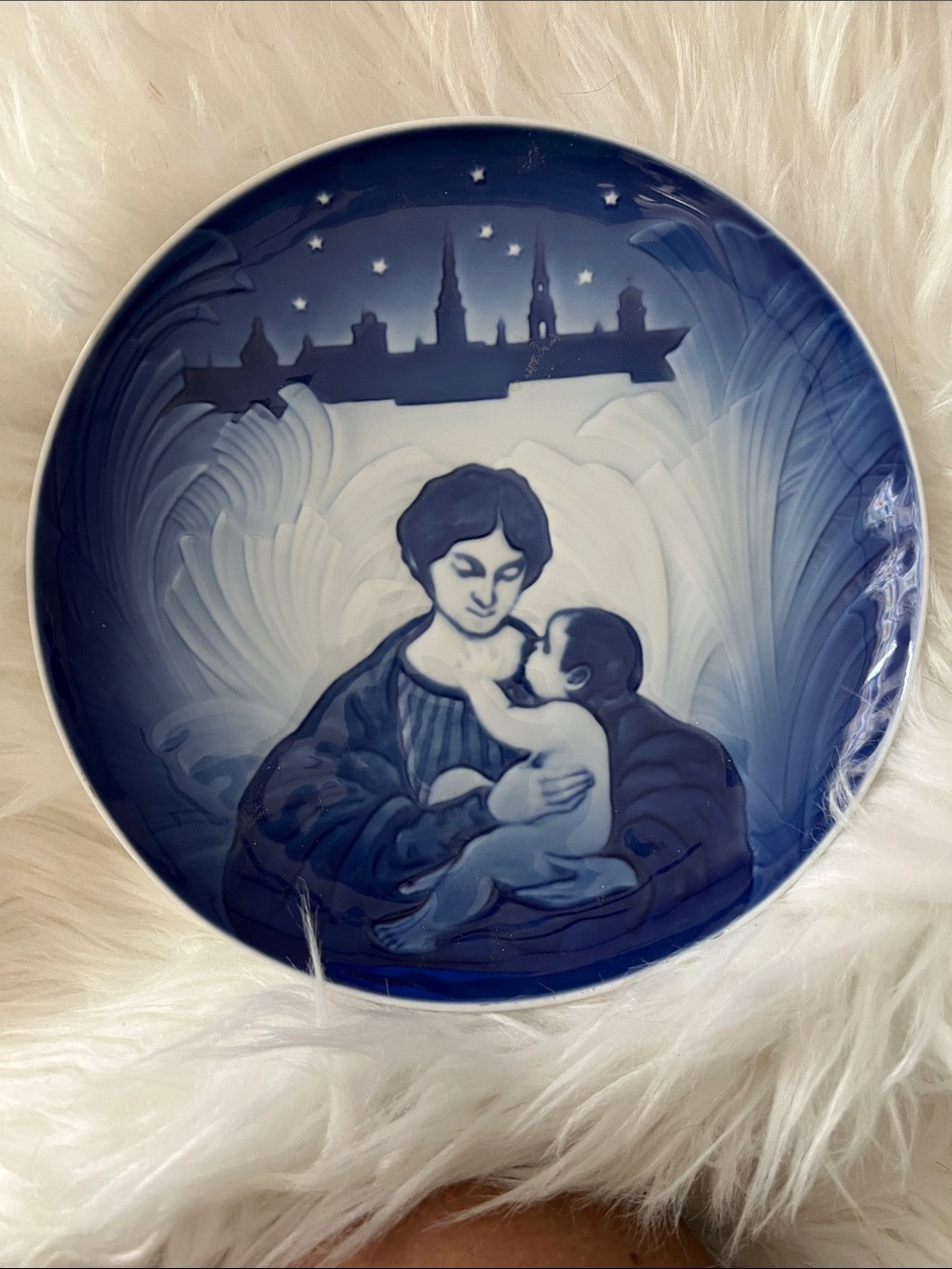 Hand-Painted Blue Ceramic Plate with Madonna and Child Motif